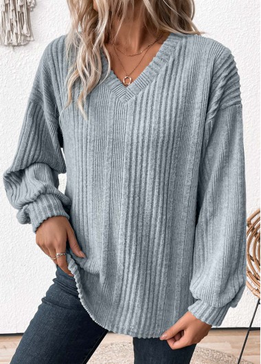 Modlily Light Blue Long Sleeve V Neck T Shirt - M