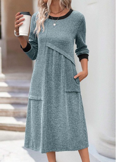 Modlily Light Blue Patchwork A Line Long Sleeve Dress - S