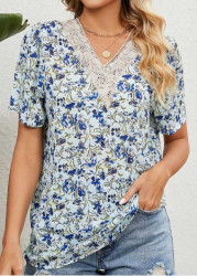 Modlily Light Blue Patchwork Floral Print Short Sleeve Blouse - S