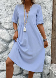 Modlily Light Blue Patchwork Half Sleeve V Neck Dress - S