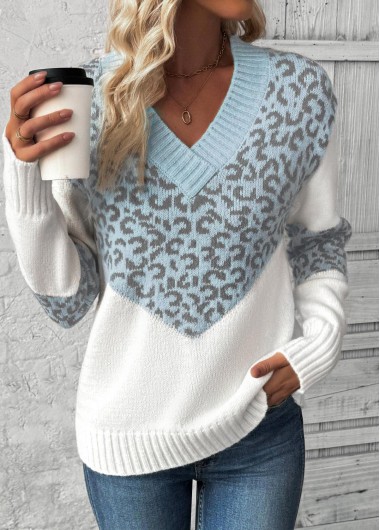 Modlily Light Blue Patchwork Leopard Long Sleeve V Neck Sweater - S