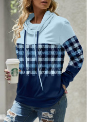 Modlily Light Blue Patchwork Plaid Long Sleeve Cowl Neck Sweatshirt - XXL