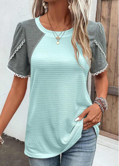 Modlily Light Blue Patchwork Short Sleeve T Shirt - M