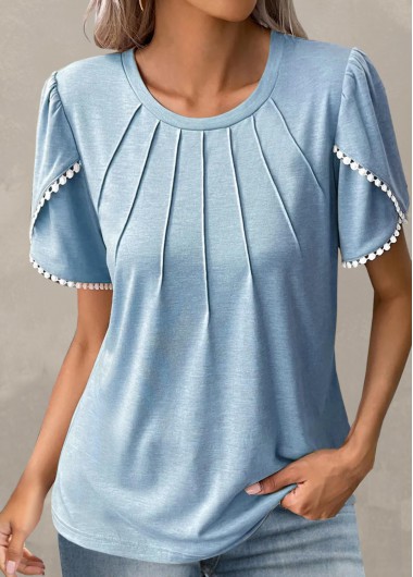 Modlily Light Blue Patchwork Short Sleeve T Shirt - S