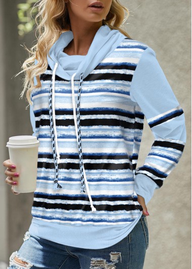 Modlily Light Blue Patchwork Striped Long Sleeve Cowl Neck Sweatshirt - XXL