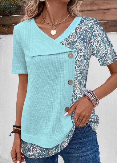 Modlily Light Blue Patchwork Tribal Print Short Sleeve T Shirt - S