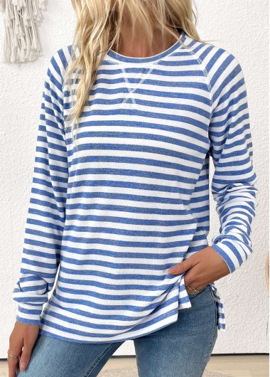 Modlily Light Blue Striped Long Sleeve Round Neck T Shirt - S