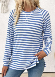 Modlily Light Blue Striped Long Sleeve Round Neck T Shirt - S