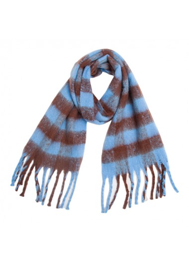 Modlily Light Blue Tassel Design Plaid Scarf - One Size