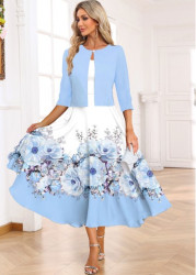 Modlily Light Blue Two Piece Floral Print Dress and Cardigan - S