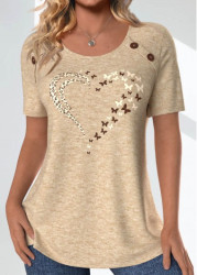 Modlily Light Camel Button Butterfly Print Short Sleeve T Shirt - S