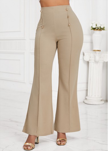 Modlily Light Camel Button Flare Leg Elastic Waist Pants - S