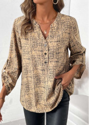 Modlily Light Camel Button Graffiti Print Long Sleeve Shirt - S