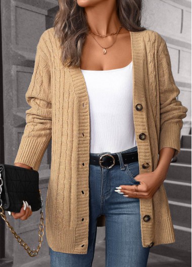 Modlily Light Camel Button Long Sleeve Cardigan - M