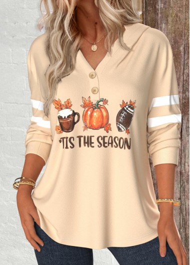 Modlily Light Camel Button Pumpkin Print Long Sleeve Hoodie - M