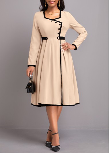 Modlily Light Camel Contrast Binding Long Sleeve Dress - L