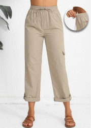 Modlily Light Camel Drawstring Elastic Waist High Waisted Pants - XL