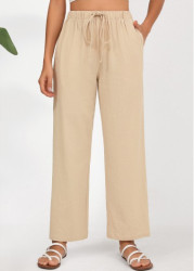 Modlily Light Camel Drawstring Straight Leg Elastic Waist Pants - S