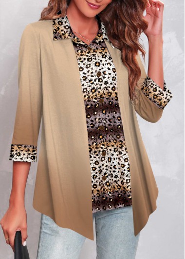 Modlily Light Camel Fake 2in1 Leopard Blouse - M