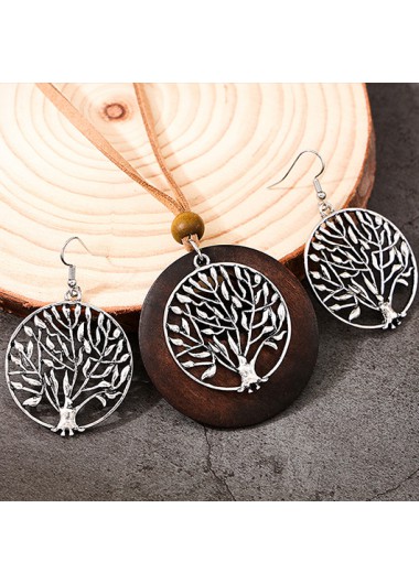 Modlily Light Camel Hollow Tree Alloy Earrings and Necklace - One Size