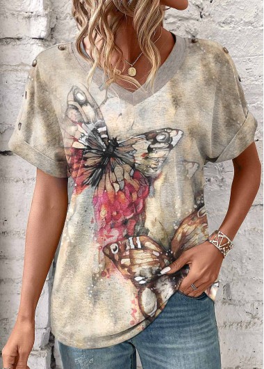 Modlily Light Camel Patchwork Butterfly Print Short Sleeve T Shirt - S