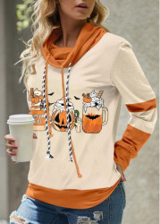 Modlily Light Camel Patchwork Halloween Print Long Sleeve Sweatshirt - M