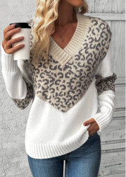 Modlily Light Camel Patchwork Leopard Long Sleeve V Neck Sweater - S