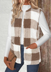 Modlily Light Camel Plaid Sleeveless Round Neck Waistcoat - S