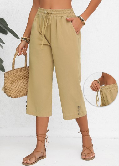 Modlily Light Camel Pocket Elastic Waist High Waisted Pants - M