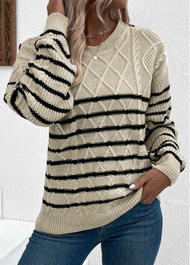 Modlily Light Camel Striped Long Sleeve Round Neck Sweater - S