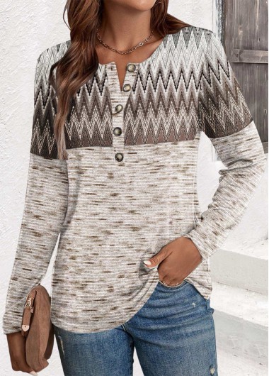 Modlily Light Coffee Button Chevron Print Long Sleeve T Shirt - S