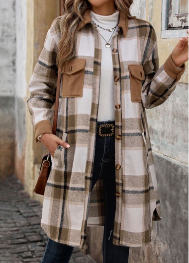 Modlily Light Coffee Button Plaid Long Sleeve Coat - S