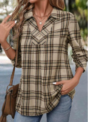 Modlily Light Coffee Button Plaid Long Sleeve Shirt - S