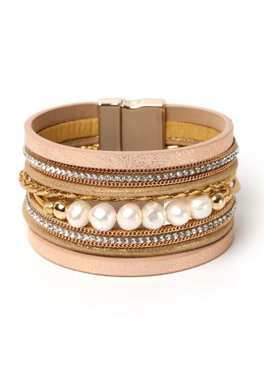 Modlily Light Coffee Faux Leather Pearl Bangle - One Size