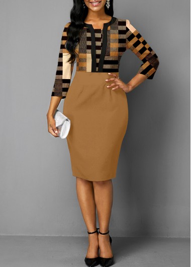 Modlily Light Coffee Patchwork Geometric Print Bodycon Dress - M