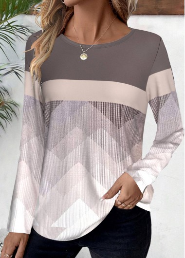 Modlily Light Coffee Patchwork Geometric Print Long Sleeve T Shirt - L