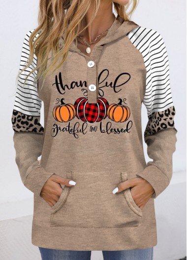 Modlily Light Coffee Patchwork Halloween Print Long Sleeve Hoodie - XL