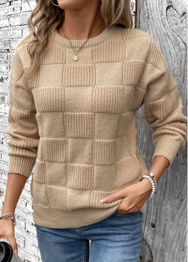 Modlily Light Coffee Patchwork Long Sleeve Round Neck Sweater - S