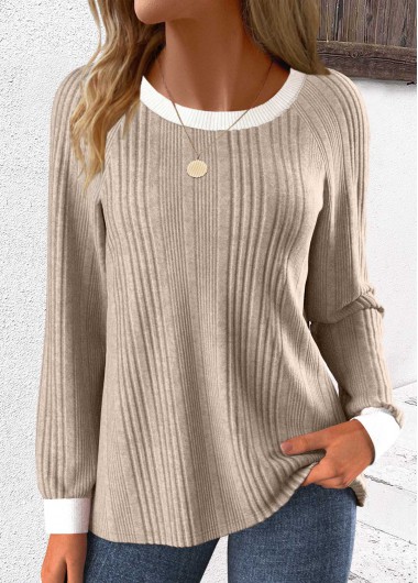 Modlily Light Coffee Patchwork Long Sleeve Round Neck Sweatshirt - S