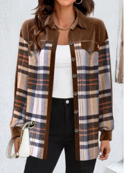 Modlily Light Coffee Patchwork Plaid Long Sleeve Coat - S