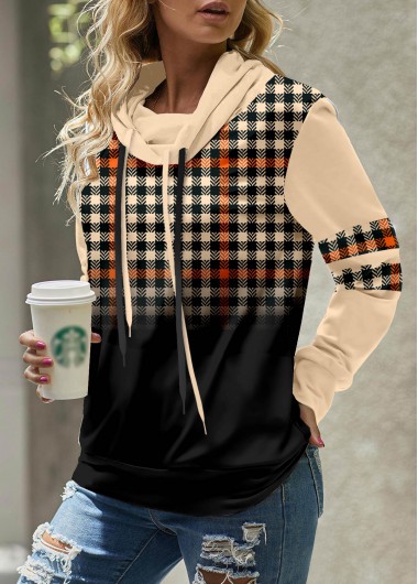 Modlily Light Coffee Patchwork Plaid Long Sleeve Sweatshirt - S