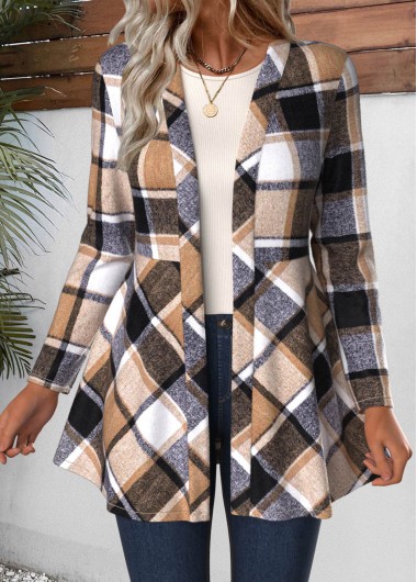 Modlily Light Coffee Plaid Long Sleeve Coat - M