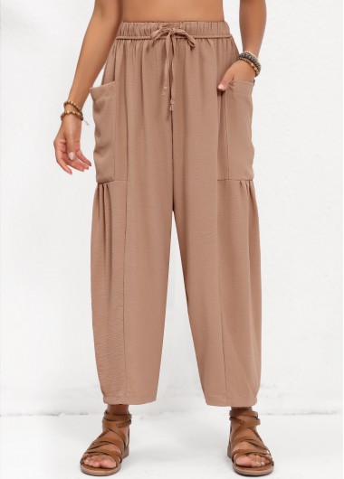 Modlily Light Coffee Pocket Elastic Waist High Waisted Pants - S