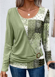 Modlily Light Green Asymmetry Patchwork Long Sleeve T Shirt - S