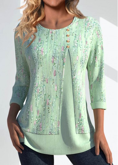 Modlily Light Green Button Geometric Print 3/4 Sleeve T Shirt - S