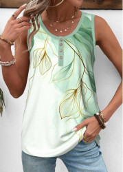 Modlily Light Green Button Leaf Print Sleeveless Tank Top - S