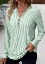 Modlily Light Green Button Striped Long Sleeve T Shirt - M