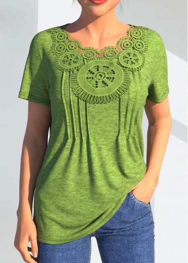 Modlily Light Green Lace Stitching Crinkle Chest T Shirt - S