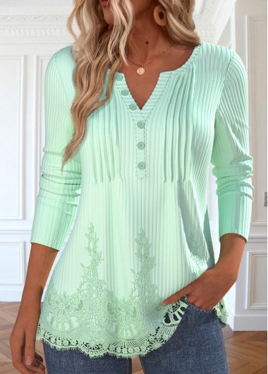 Modlily Light Green Patchwork Long Sleeve Split Neck T Shirt - XL