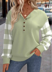 Modlily Light Green Patchwork Plaid Long Sleeve Round Neck Sweatshirt - S